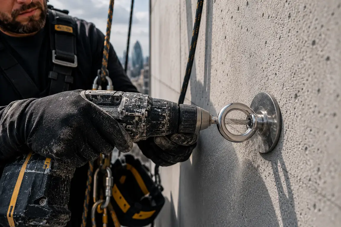IRATA rope access safety equipment being checked