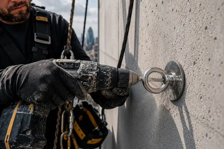 Rope access harness, anchors and safety equipment