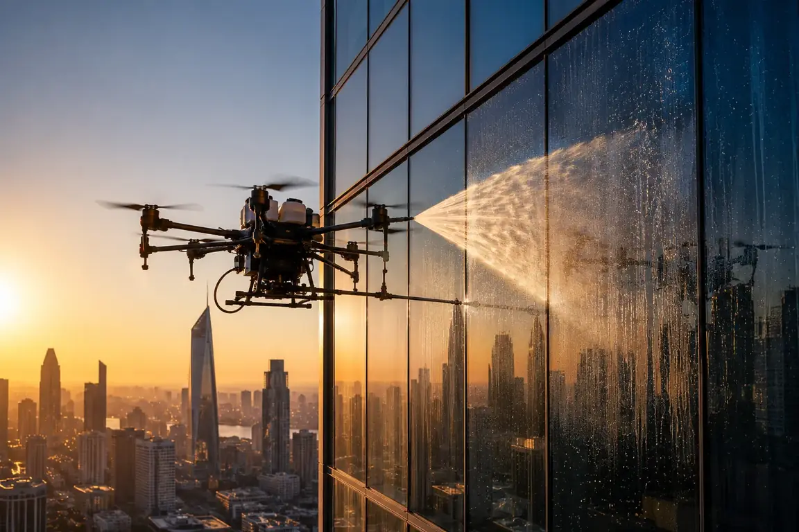 Drone washing the glass facade of a London building