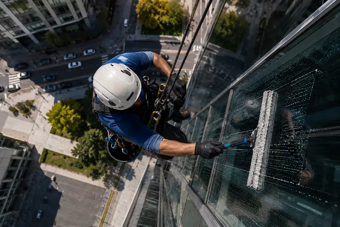 Rope access technician cleaning the glass facade of a high-rise building